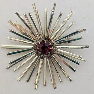 Vintage Oversized CORO Starburst Type Gold Tone Brooch w/ Large Red Stone!